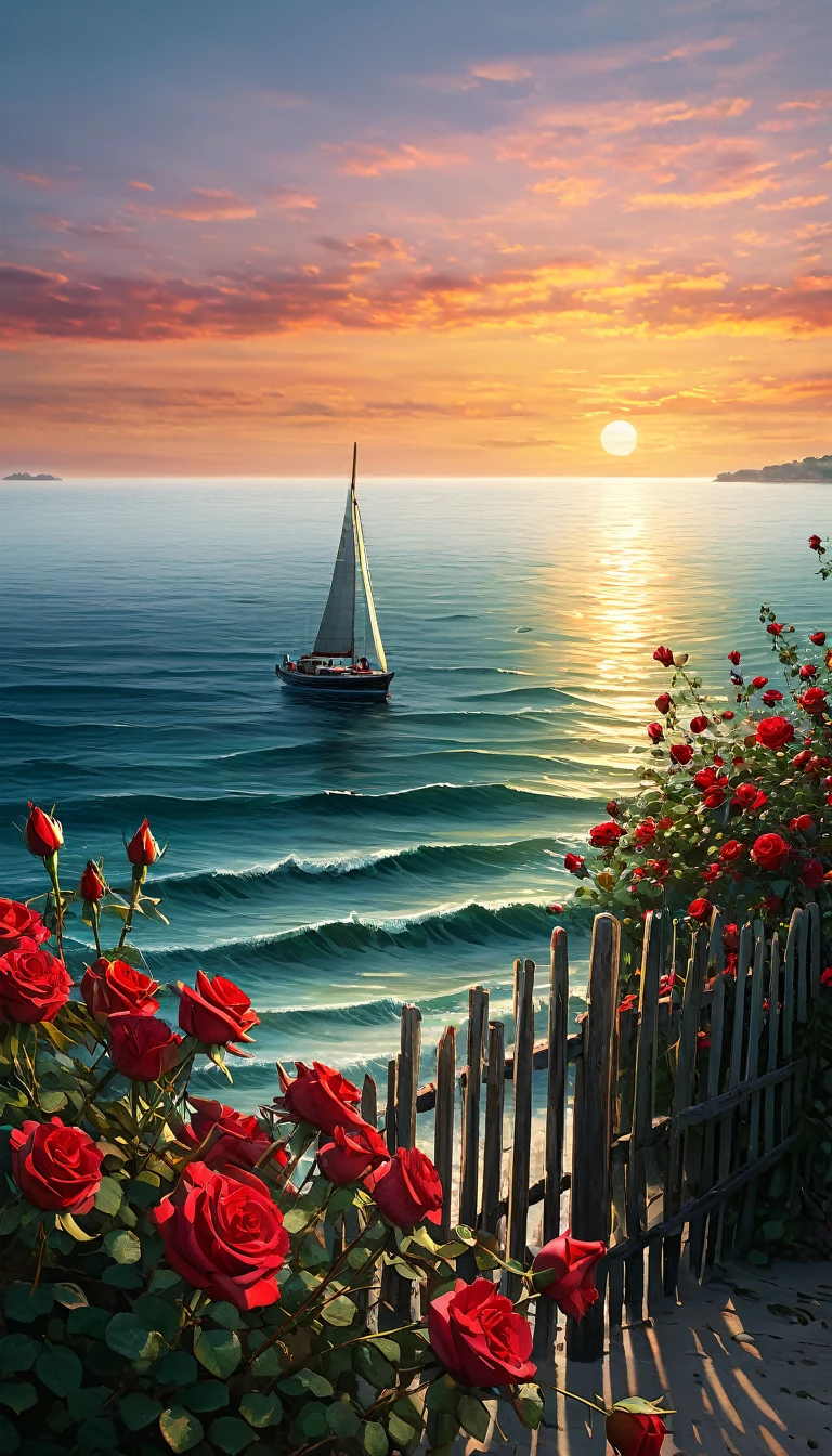 A captivating watercolor painting that depicts a lush array of red roses, entwined around a weathered wooden fence. The vibrant red hues of the roses contrast with the faded, natural tones of the wood. In the distance, the sea shimmers under the golden light of the setting sun, and a solitary boat can be seen sailing towards the horizon. The overall atmosphere of the painting is serene and nostalgic, evoking a sense of tranquility., vibrant, cinematic, photo, illustration, painting, 3d render, poster, product, portrait photography, conceptual art, wildlife photographyLess
Magic PromptA captivating watercolor painting that presents a lush, vibrant array of red roses, entwining around a weathered wooden fence.The bold red hues of the roses create a striking contrast with the faded, natural tones of the wood. In the distance, the sea glimmers under the golden light of the setting sun, and a solitary boat can be seen sailing towards the horizon. The overall atmosphere of the painting is serene and nostalgic, evoking a sense of tranquility and timeless beauty. This artwork would make a stunning poster or product design, capturing the essence of a cinematic, conceptual masterpiece., conceptual art, wildlife photography, cinematic, poster, painting, vibrant, illustration, 3d render, product, portrait photography, photoLess, conceptual art, painting, cinematic, illustration, photo