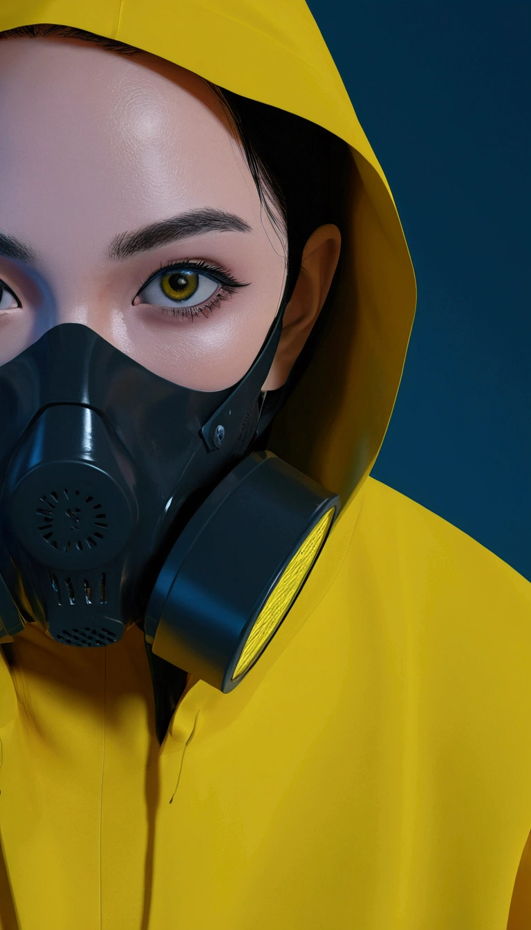 there is a woman wearing a yellow raincoat and a gas mask, futuristic gas mask, hyper-realistic cyberpunk style, cyberpunk anime girl in hoodie, 8k 3D rendering character art, cyberpunk style ， hyper realist, 8k portrait rendering, photograph of a techwear woman, cyberpunk art ultrarealistic 8k, dystopian science fiction character, cyberpunk character,post apocalyptic atmosphere 