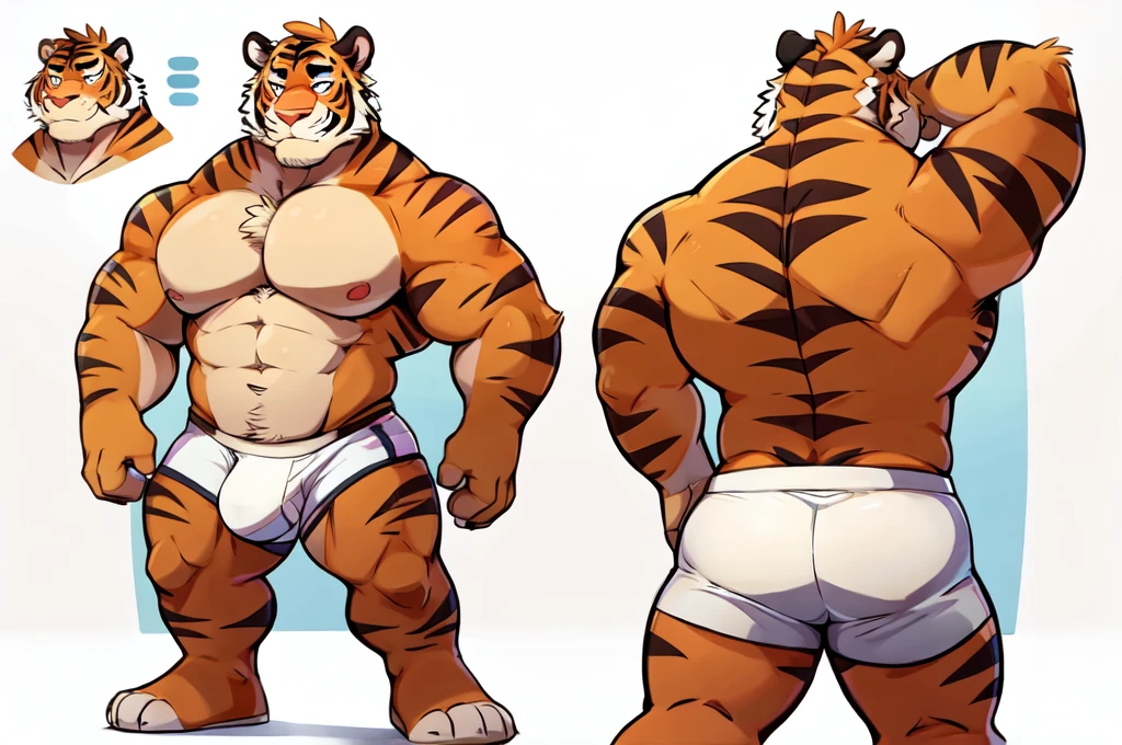 Tiger, By Haps, 1boy, abs, animal ears, bara, bulge, full body, white background, Seminude, Boxers, Character sheet Reference, Full body, backwards