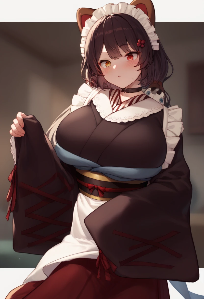 choker, maid headdress, black kimono, wide sleeves, frills, obi, white apron, sleeves past wrists, skirt, red skirt, brown footwear, cross-laced footwear、Huge breasts、Staring at a huge penis、Surprised、blush、Upper body only、Erect penis