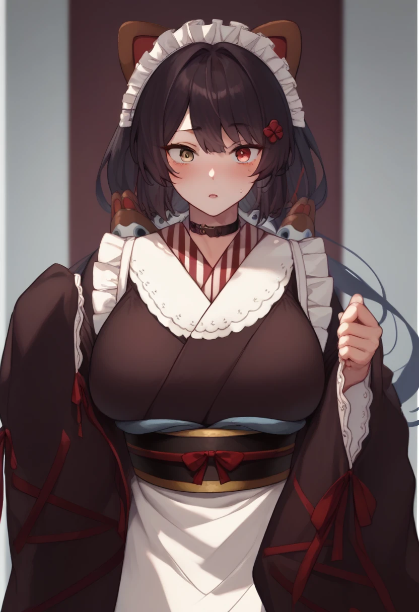 choker, maid headdress, black kimono, wide sleeves, frills, obi, white apron, sleeves past wrists, skirt, red skirt, brown footwear, cross-laced footwear、Huge breasts、Staring at a huge penis、Surprised、blush、Upper body only、Erect penis