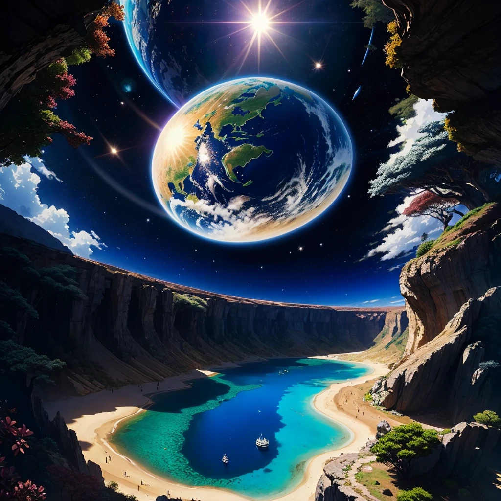 mysteriousな超巨大なトンネルの中に森がある,Anime Art,Anime style,Different world,The sunlight from the sun shines on the earth,Colorful,Best Quality,8K,mysterious,Fantasy,Different space,There are many different creatures,Nature,romantic,SF,A world beyond imagination,New World,Fantasy,Dream world,Huge river,masterpiece,最高masterpiece,perfection,