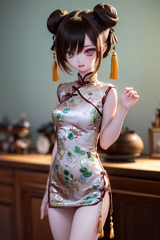 (SFW:2), photorealistic, realistic photo, 8k, ((highest quality)), ((masterpiece)), (extremely detailed), kukolnydom, doll, (female, 20yo, 20 years old:1.6), solo, ((cowboy shot, standing, slim, slender, skinny, medium , china dress, qipao, chinese room)), (parted lips, green eyes, brown hair, double buns, plastic skin, looking at anotherlass eyes, gradient eyes, shining eyes, detailed eyes:1.3)