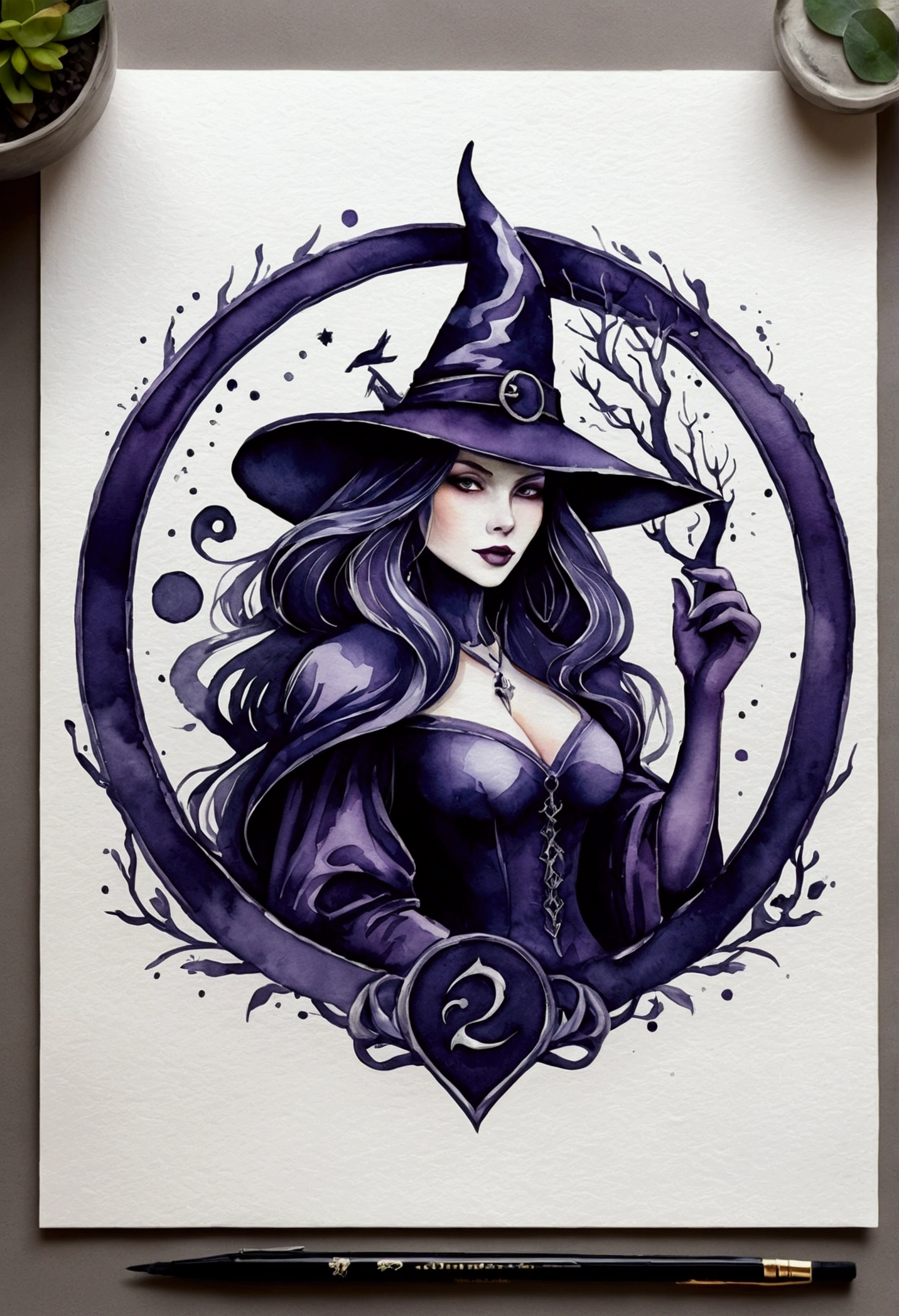 High quality, logo style, watercolor, with 3D effect, as if puff printing. Powerful logo with strong, dark colors, of "an old and bad witch". Monochromatic background, by yukisakura, incredible and original colors of the species. High-Density Printing: "a robust, well-defined design, like a high-density print."