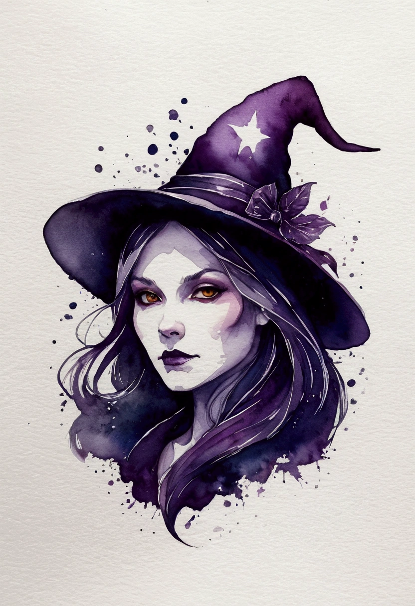 High quality, logo style, watercolor, with 3D effect, as if puff printing. Powerful logo with strong, dark colors, of "an old and bad witch". Monochromatic background, by yukisakura, incredible and original colors of the species. High-Density Printing: "a robust, well-defined design, like a high-density print."