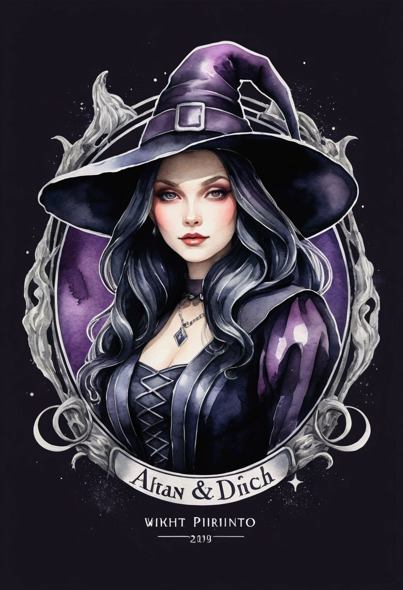 High quality, logo style, watercolor, with 3D effect, as if puff printing. Powerful logo with strong, dark colors, of "an old and bad witch". Monochromatic background, by yukisakura, incredible and original colors of the species. High-Density Printing: "a robust, well-defined design, like a high-density print."