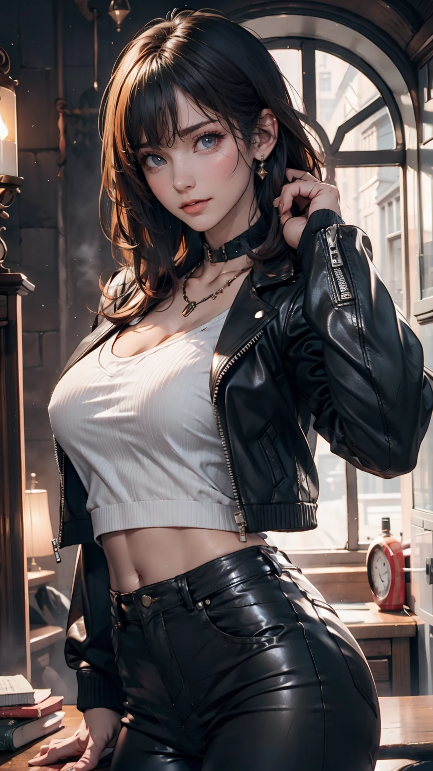 Girl wearing a spiked collar、24 year old Caucasian female、Sexy proportions、Punk rock fashion、Black Shirt、Leather jacket、Leather leggings、Flashy makeup、long hair、