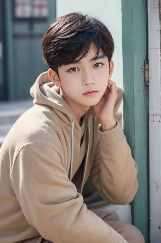 A boy with a fair complexion and neutral face