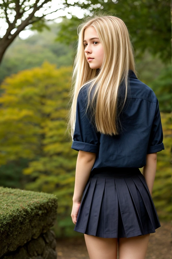 A 18-year-old blonde woman, ((hiperrealismo))textured skin, goosebumps, perfect eyes. Blonde hair with light brown roots. cabello rubio, Hair with brown roots, really long hair. photo taken with iPhone, Porta 160 color. Provocative pose. School girl blue shirt, dark blue school girl skirt, school girl uniform, at the garden. Photo taken with iPhone. Cosplay. Back view