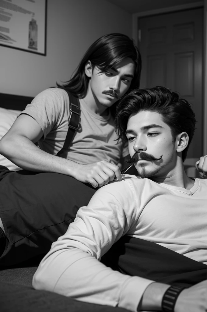 a young man holding a pen and drawing a fake mustache on his friend who is lying in front of him sleeping, black andwhite, outline. The photo must show a room, the friend is lying down, the young man with the pen is behind him. The young man with the pen does not have a mustache drawn on his face, the photo should not show the young people&#39;s face so close to the camera, black andwhite, outline, drawning
