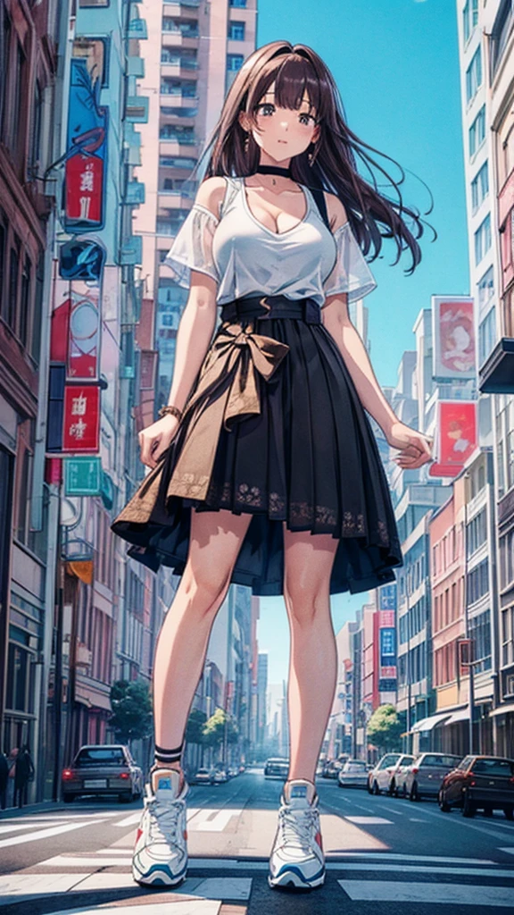 masterpiece Unreal Engine Anime Style Delicate painting 4K 90's giant Multiple Girls crowd Residential Street apartment Apartment 高層apartment街の谷間に立っている巨大な女の子 skirt Big Breasts White T-shirt Summer clothes Private Server sneakers Black Hair smile female giant giant girl Whole body Destroyed skyscrapers Destroyed cars Crowd Unreal Engine,cleavage ,a drawing of a , earrings, long hair, 1980s (style) Cute picture Beauty Analog style whole body sneakers