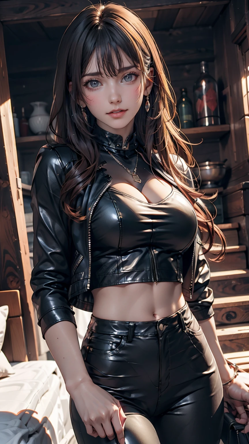 Girl wearing a spiked collar、24 year old Caucasian female、Sexy proportions、Punk rock fashion、Black Shirt、Leather jacket、Leather leggings、Flashy makeup、long hair、