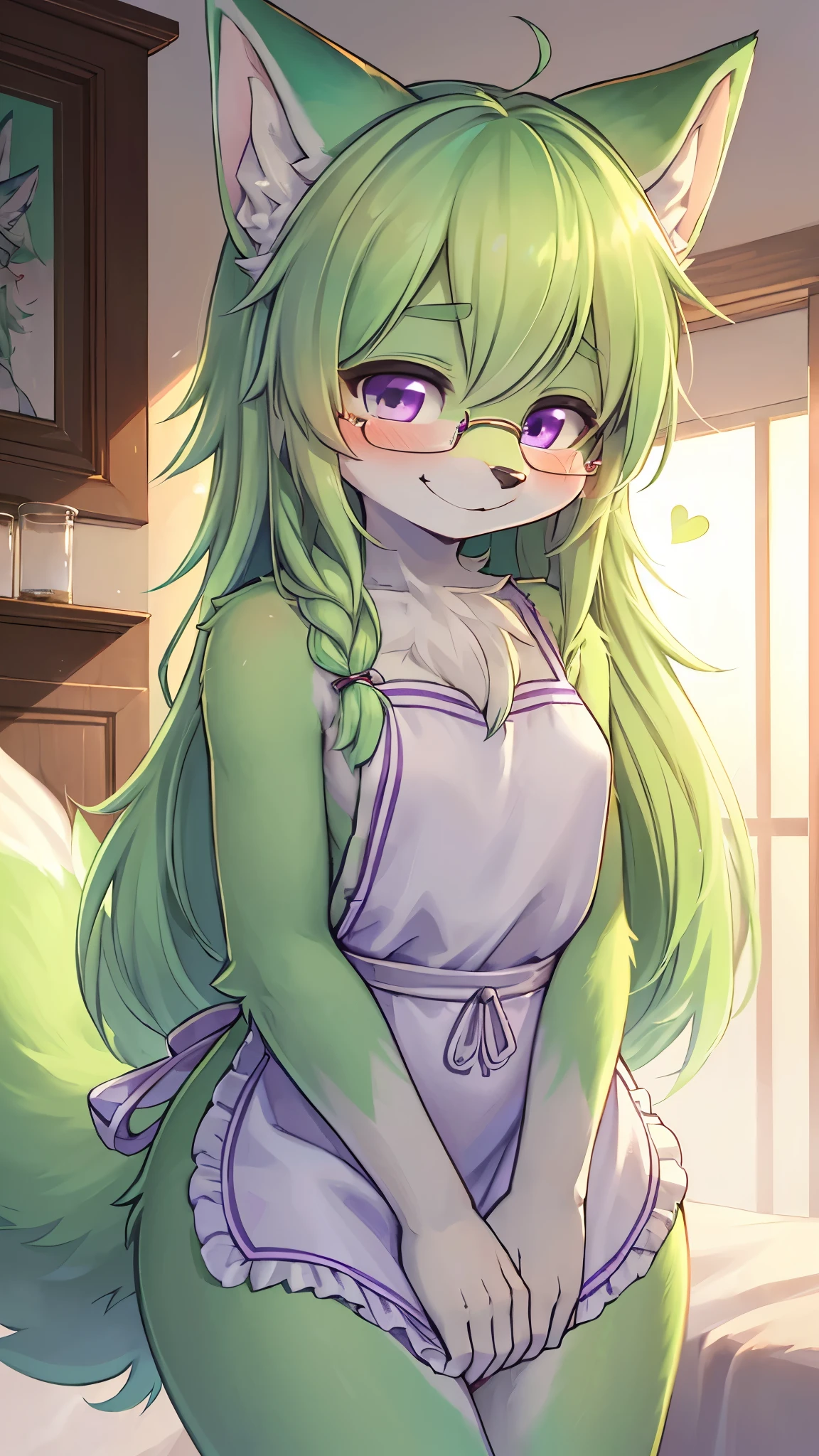 best quality,best resolution,(fluffy anthro furry :1.6),(young :1.6),fox girl,(light green hair), long hair,wavy hair,purple eyes,flat chest,(light green fur :1.6),glasses,white naked apron,luxury bedroom,romantic light,looking at viewer,shy face,heart eyes,heart expression eyes,smile,stand