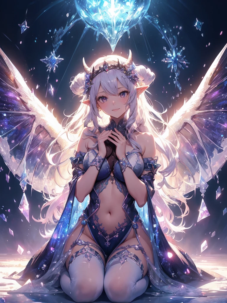 最high quality、1 woman elf facing forward Super beauty、)((underwear))'、Beautiful eyes、tears、universe、Huge galaxy、Beautiful decoration、brassiere、panty、Ice tiara、Swirling Ice、Crystal of snow、Ice Palace、最high quality , fractal art.、Glowing ice、Bold Pose、Bold composition、 比基尼、Beautiful breasts、Large Breasts ((Laugh beautifully、))((Glowing ice ))SMqueen、Beautiful face、orgasm、Ecstasy、全身Beautiful decorationの下着、World of Illusions、Ice crystals、Crystal of snow、Bigger on the front、 Beautiful shine,High-definition depiction, Realistic, 8k, Unity, Beautiful thighs,,Giant Devil's Wings、虹Farbeに輝く翼、detailed groin、 low angle、light smile, Beautifully and vividly drawn, , beautiful beautiful透き通る肌、輝くBeautiful decorationの魔法、Open your arms in prayer、、Beautiful decoration、 , beautiful、 Romanticism,mosquito。 The most beautiful form of chaos, Mr..々Farbe, Intertwined flowers, P article,Magical gentle light,smile,,image quality、masterpiece、Beautiful face、Super beautiful elf woman((Big breasted 22 year old office lady、Bust 120,Beautiful long ironed hair、Beautiful Hair、height: 165cm。、Esbian、、high quality、、Visual Arts、最high quality、1 womanエルフ NP: Worst quality ,beautiful fractal art 、frozen、、light、Beautiful radiance,High-definition depiction, Realistic, 8k, Unity, , light smile, Beautifully and vividly drawn, , Beautiful, beautiful, clear skin、 Countless rays of light pouring down, Swirling Light, big background, , Intense light is emitted from the magic circle in front of the girl. Romanticism,Cowboy Shot: 最high quality Artwork、uhd