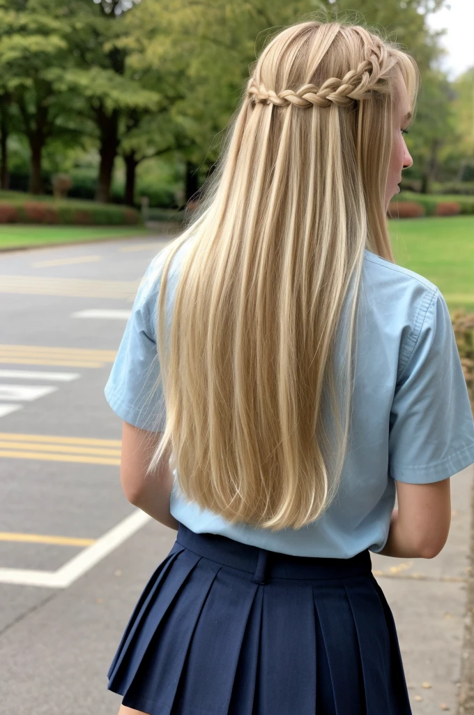A 18-year-old blonde woman, ((hiperrealismo))textured skin, goosebumps, perfect eyes. Blonde hair with light brown roots. cabello rubio, Hair with brown roots, really long hair. photo taken with iPhone, Porta 160 color. Provocative pose. School girl blue shirt, school girl skirt, school girl uniform, at the garden. Photo taken with iPhone. Cosplay. Back view!