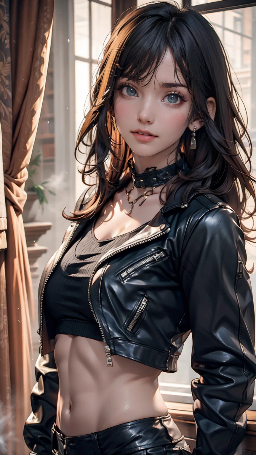 Girl wearing a spiked collar、24 year old Caucasian female、Sexy proportions、Punk rock fashion、Black Shirt、Leather jacket、Leather leggings、Flashy makeup、long hair、