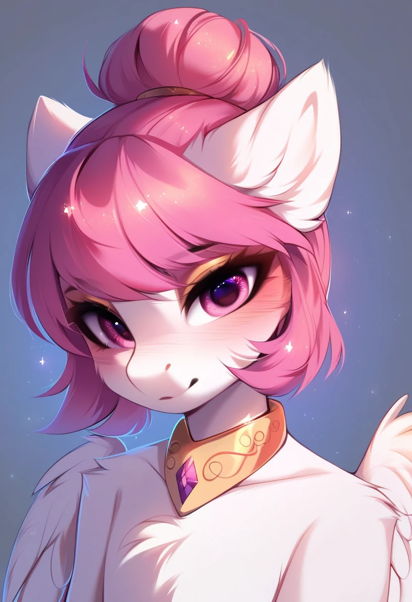 check_9, check_8_up, check_7_up, source_fluffy, rating_safe, from Magnaluna, Celestia poses seductively in a white bedroom, dark pink mane with gold stripes in it, hair bun with bangs, pink eyes, white body, anthro, blushing, wearing goldern
