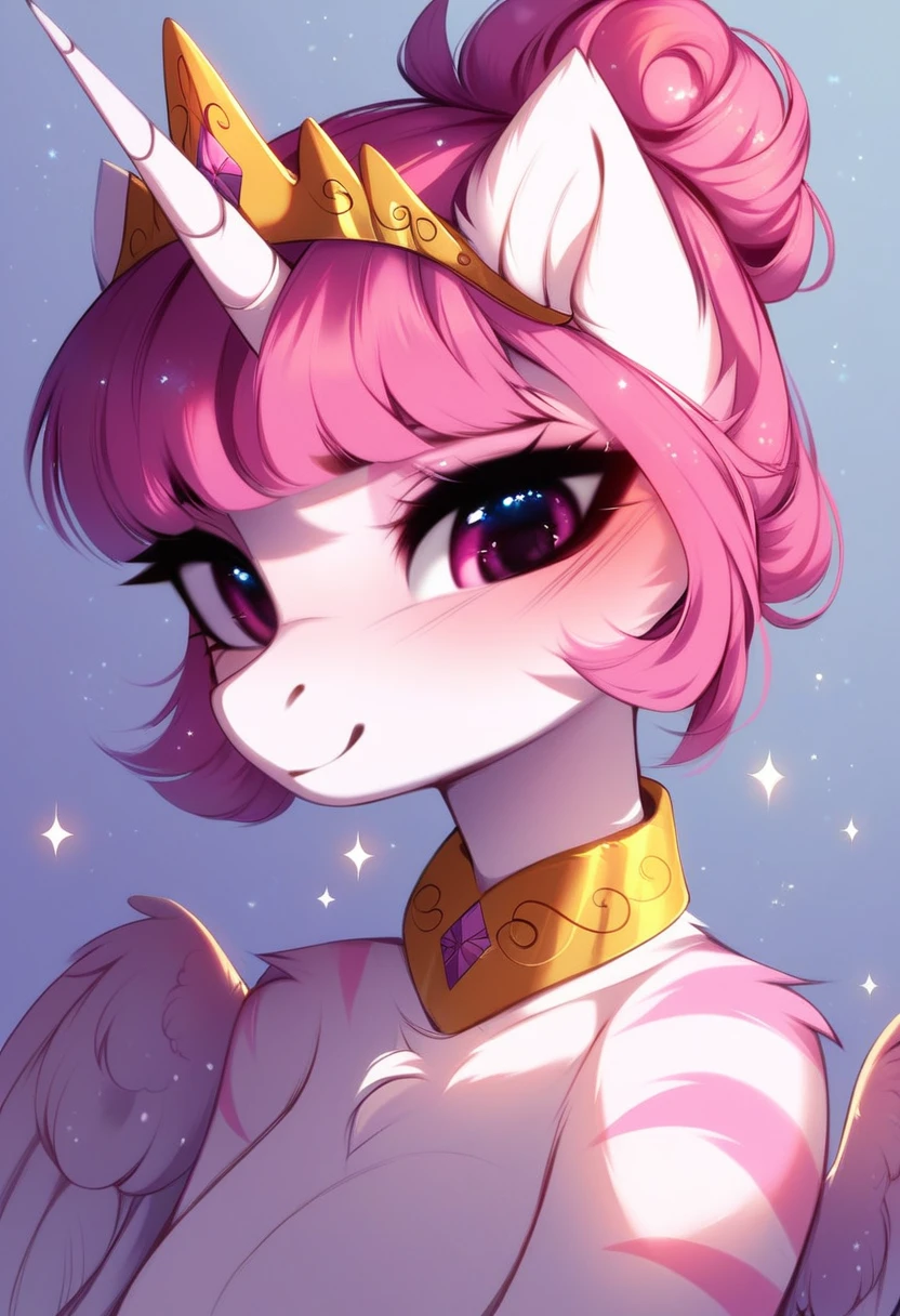 check_9, check_8_up, check_7_up, source_fluffy, rating_safe, from Magnaluna, Celestia poses seductively in a white bedroom, dark pink mane with gold stripes in it, hair bun with bangs, pink eyes, white body, anthro, blushing, wearing goldern