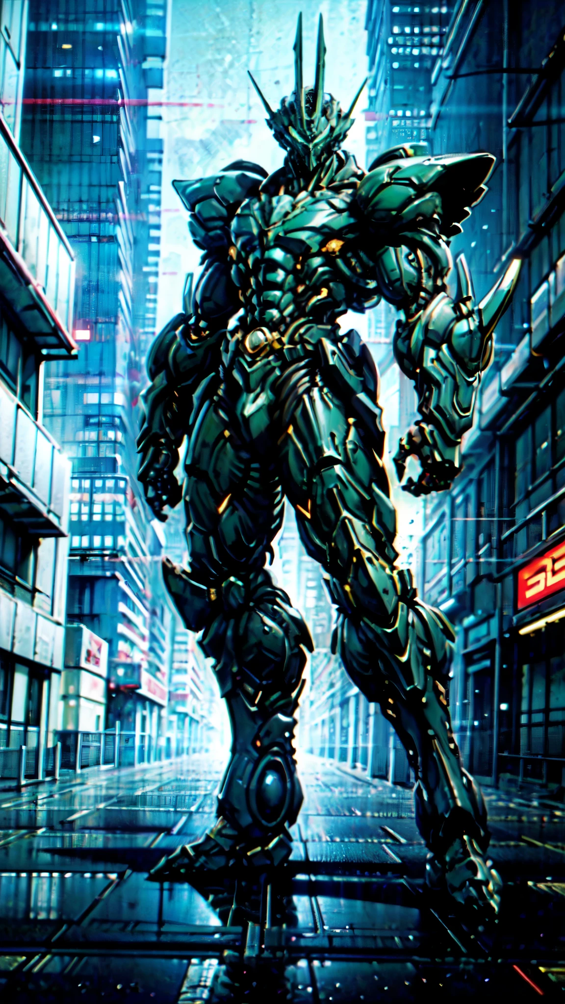 (masterpiece:1.5, best quality:1.5, extremely delicate:1.5, foreshortening:1.5, dynamic angle:1.5), a man wearing a full-face helmet, a fantasy-style biotech armored combat suit, green eyes, (a composite layered chest armor), fully enclosed shoulder guards, matching arm and leg guards, the belt is adorned with neon circuitry, (the color scheme is primarily red with black green accents), the design balances heavy with agility, a high-tech bio-mecha armor, (Armor Concept Inspired by neon Cyberpunk, stand on the top of a skyscraper in a futuristic sci-fi city), this character embodies a finely crafted fantasy-surreal style armored hero in anime style, exquisite and mature manga art style, (element, plasma, energy, the armor glows), ((male:1.5)), metallic, high definition, highres, ultra-detailed, ultra-fine painting, professional, perfect body proportions, golden ratio, anatomically correct, symmetrical face, extremely detailed eyes and face, high quality eyes, creativity, RAW photo, UHD, 32k, Natural light, cinematic lighting, masterpiece-anatomy-perfect