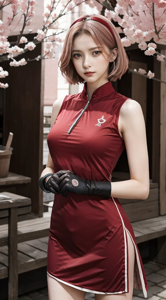 best quality,HDR,UHD,8K,Vivid Colors,solo,front view,(photo_(medium)),(looking at viewer:1.2),(1girl:1.3),(outside:1.5),(standing:1.5),furniture,bright light,Sakura,red dress,