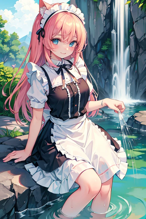 (Super best quality:1.6), (Highest quality:1.4), (Attention to detail:1.4), (Ultra-high resolution:1.6), (Detailed face), (Maid clothes, White apron, Headband, Black Dress, ribbon, Maid clothes, Classic, Long:1.4), (白と黒のMaid clothes), Blonde, Blue Eyes, Cat ear, cute, Small breasts, The best smile, Looks happy, Soaked from head to toe, (Water drips from the clothes:1.6), (Water Drop:1.6), (Soaked from head to toe:1.4), (全身にWater Drop:1.2), (Entering the water fully clothed:1.4), (Big waterfall, Water Play, Taki training), Deep River, Deep pond, Being struck by a waterfall, Waterfall basin, Waterlogged, Bathing in a waterfall, (Bathing fully clothed), Bathing, Natural shower,