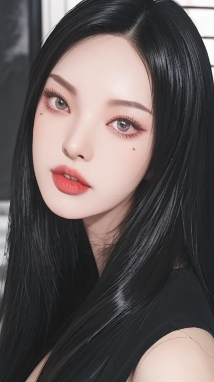 4k-ultra sharpness, open shot 、highest quality, ultra realistic, Ultra high resolution, (Reality: 1.4), 18 year old girl, purple eyes, cinematic lighting、realistic black hair (with hair fringe)、full body masterpiece, (My girl、gothic makeup、goth makeup)、Breasts big natural、((dark makeup、Oily skin, lightened pale skin、realistic skin texture、detailed white skin、bright skin)), bedroom、Kabukicho、hot big hips、(Sharp shot:1.8)、thick legs、sexy arms 、thin shoulders、thin waist、realistic natural hot body (erotic)、big breasts、realistic different sex poses (whole body masterpiece)