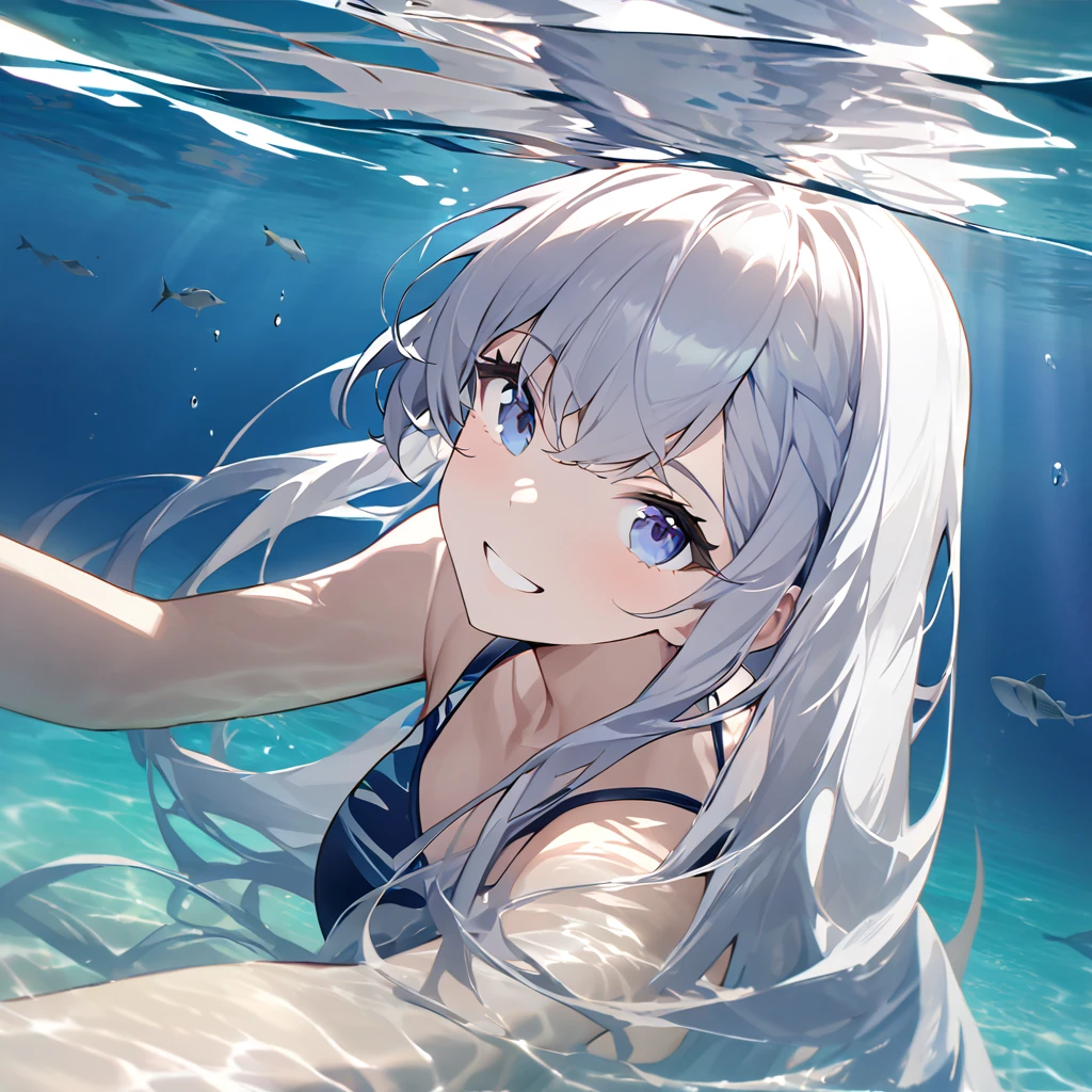 Highest quality, masterpiece, ,silver long hair,Dark blue eyes,Double exposure, The best smile, Swimming, Swimwear, Ocean,, Ocean水浴, sunlight