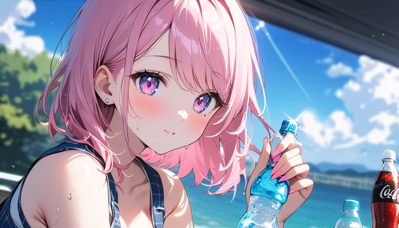 (1 girl),(Best Picture Quality, 8K, Masterpiece:1.3), (high school student:1.5), ((pink lob hair:1.1)), (bob cut),(swept bangs), (cute eyes, pupil black, iris skyblue, youthful face), (mole under right eye), (standard weight), (small breasts), (glistening skin:1.1),(pale skin:1.2), ((Gyaru fashion:1.3)),(wet:1.1),(blue sky, blurry, blurry background, chromatic aberration, cloud, cloudy sky, day, depth of field, glint, outdoors, ramune, sky), (soda bottle),(magnificent view)