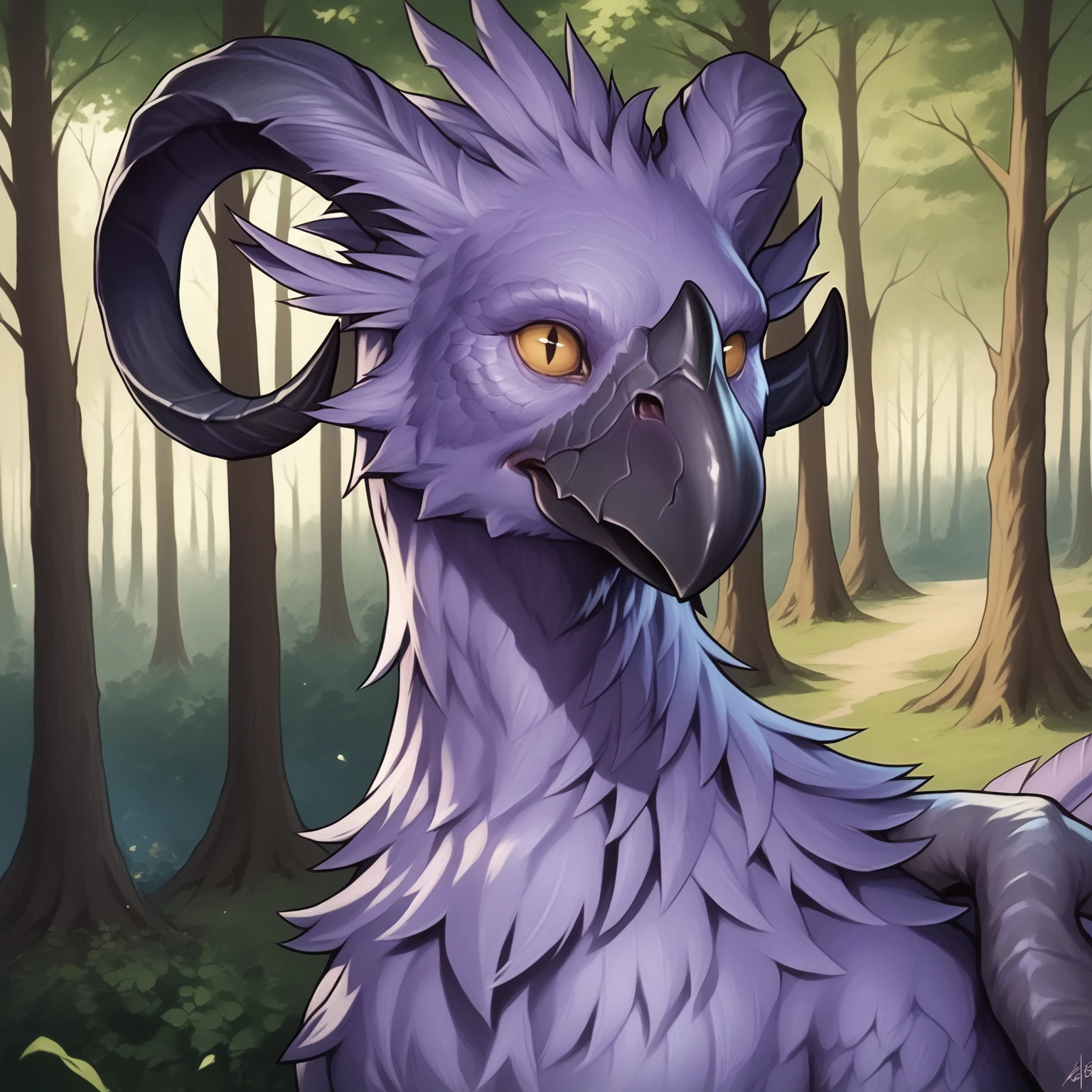 (((beautiful, high quality, perfect eyes, comics style, semi-realistic, detailed face))), score_9, score_8_up, score_7_up, BREAK ((Chocobo, Purple Feathers)), (((Black Horns, Horned, Curved Horns))), ((yellow sclera, black pupils)), outdoor, fantasy background, autumn, boreal forest, DeepNegative_xl_v1, zPDXL2, detailxl