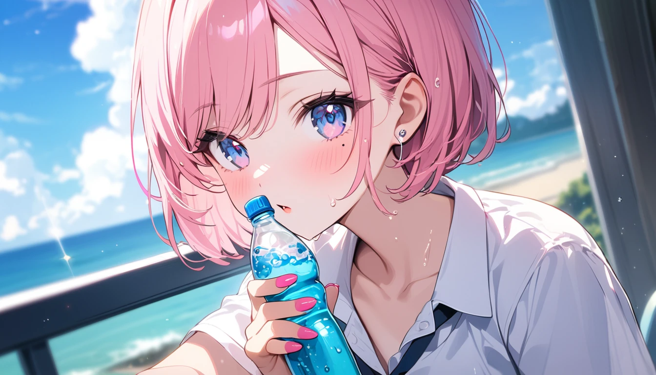 (1 girl),(Best Picture Quality, 8K, Masterpiece:1.3), (high school student:1.5), ((pink lob hair:1.1)), (bob cut),(swept bangs), (cute eyes, pupil black, iris skyblue, youthful face), (mole under right eye), (standard weight), (small breasts), (glistening skin:1.1),(pale skin:1.2), ((Gyaru fashion:1.3)),(wet:1.1),(blue sky, blurry, blurry background, chromatic aberration, cloud, cloudy sky, day, depth of field, glint, outdoors, ramune, sky), (soda bottle),(magnificent view)