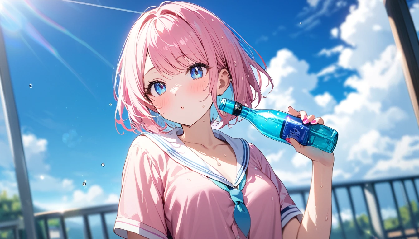 (1 girl),(Best Picture Quality, 8K, Masterpiece:1.3), (high school student:1.5), ((pink lob hair:1.1)), (bob cut),(swept bangs), (cute eyes, pupil black, iris skyblue, youthful face), (mole under right eye), (standard weight), (small breasts), (glistening skin:1.1),(pale skin:1.2), ((Gyaru fashion:1.3)),(wet:1.1),(blue sky, blurry, blurry background, chromatic aberration, cloud, cloudy sky, day, depth of field, glint, outdoors, ramune, sky), (soda bottle),(magnificent view)