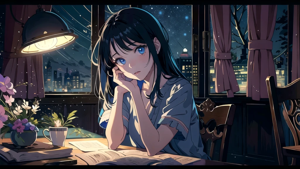 Create an illustration of a girl with black hair and blue eyes, sitting in a chair in front of a desk, Sentimental, Introspective look。, The moonlight gently shines into the room, Gently illuminate the space, Curtains sway in the wind, Increase tranquility, Dark mood, Emphasise the theme of loneliness, silence, And the depths of night, The room is dark、dimly lit by the moonlight