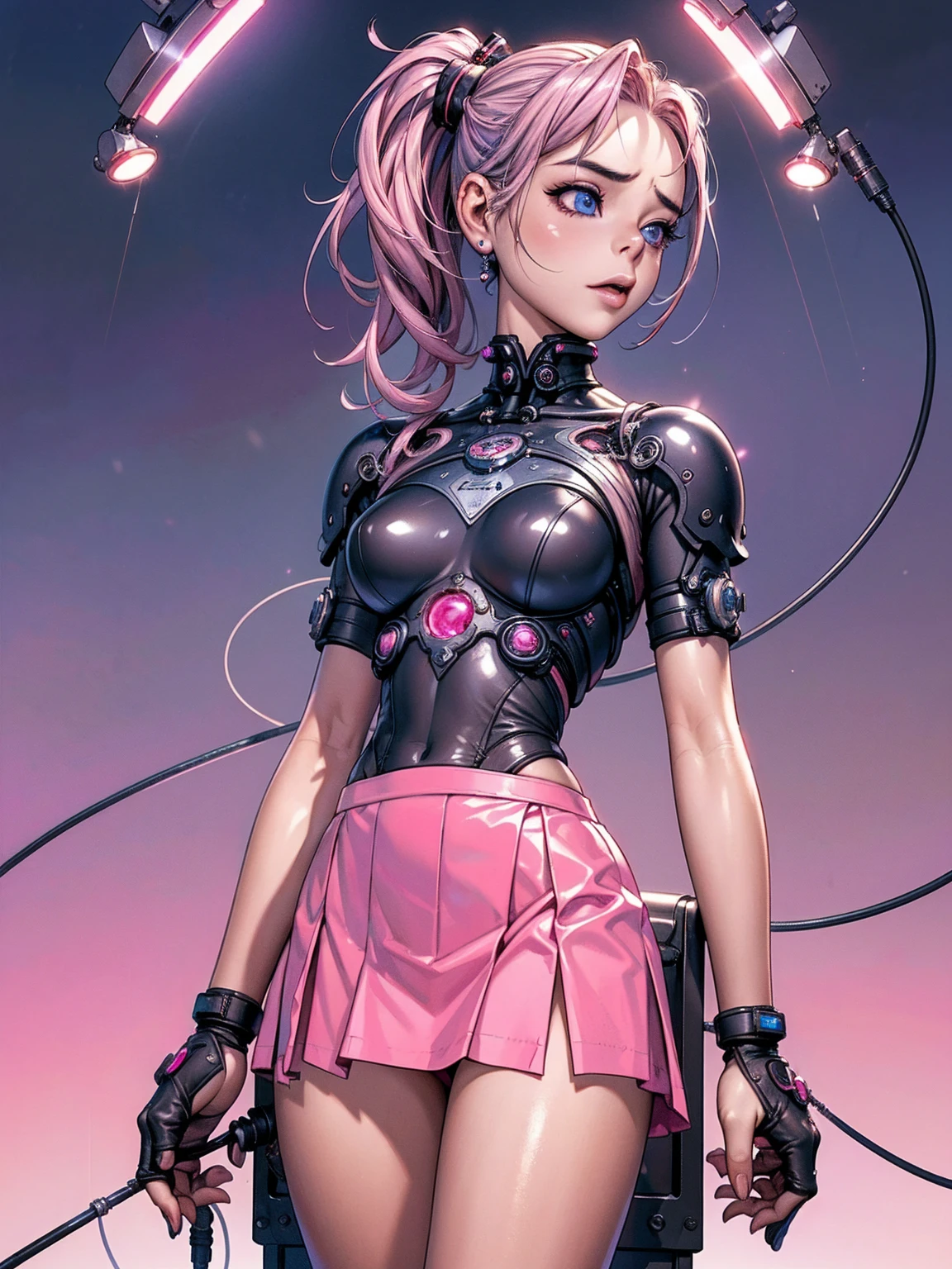 (La best qualityer,A high resolution,ultra - detailed,real),Sabrina Carpenter cyborg, ( pink mini skirt :1.4), (((pink  hair))), WHITE short top,,(Cyberpunk ruined dungeon ruins background :1.4 ), (mechanical vertebrae attached to the back, mechanical cervical fixation to the neck, wires and cables that connect to the head, evangelization, small bright LED lamps:1.4) , 8K more detailed.engine unreal:1.4,ultra HD,La best qualityer:1.4, photorrealistic:1.4, texture skin:1.4, Masterpiece artwork:1.8,Masterpiece artwork, best qualityer,object object], (detailed facial features:1.3),(The correct proportions),(gorgeous blue eyes),  (cowboy pose),( Sabrina Carpenter:1.4), (Sabrina Carpenter V2.1),( Perfect Anatomia:1.4) 