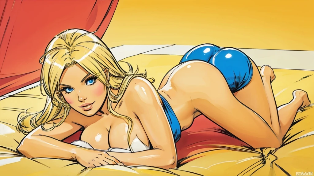 a hot blonde super hero, bright colors, large breasts, round ass