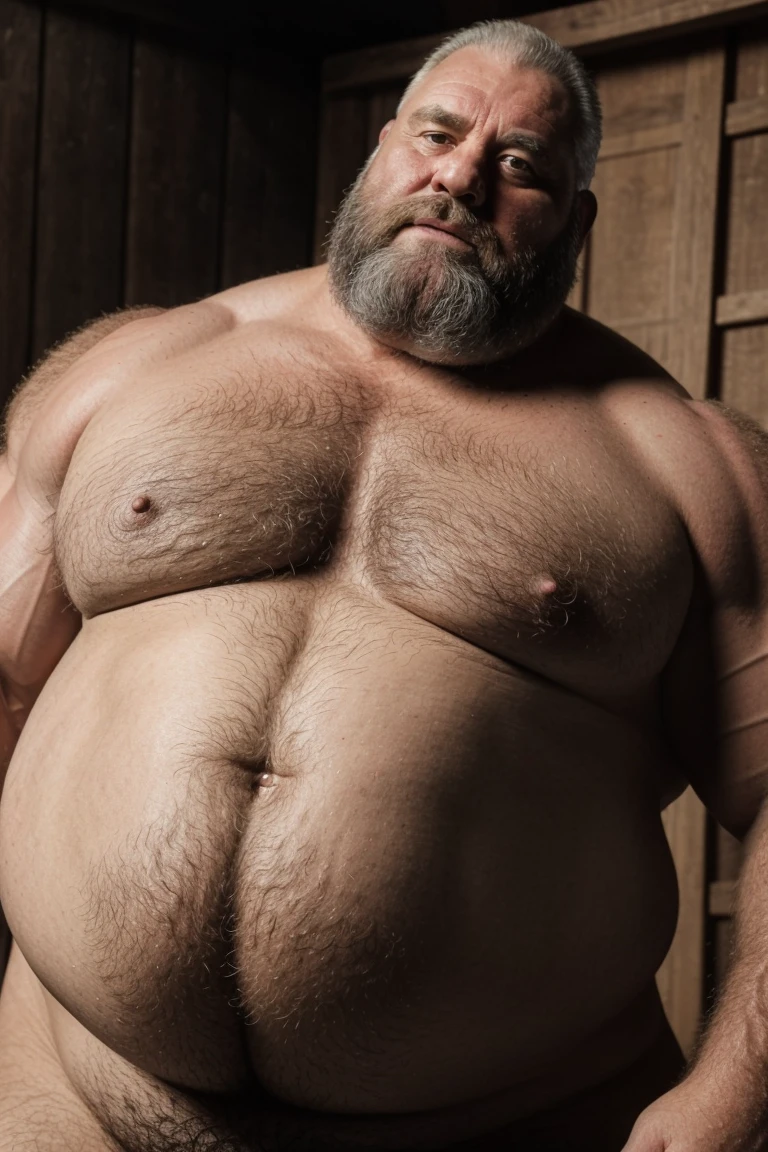 Very extremely realistic Very detailed White pristine hair, 75 yeas old man, High quality Create a very real studio-style professional 8K HDR photography featuring grandpa, swollen nipples, a middle-aged grandmother, gray messy hair, burly, muito detalhado velues, very realistic fat and chubby neck, very realistic neck lines, very realistic detailed neck, very realistic belly, very realistic burly chest, very realistic detailed hairy burly strong chest and arms, very realistic detailed hairy burly strong chest and arms, very realistic breasts, very realistic burly muscle bear body, hanging swollen very realistic nipples, very realistic burly muscle bear body, very realistic face, very realistic detailed face, very realistic eyes, very realistic detailed eyes, Very realistic hands, very realistic breasts, very realistic belly, very realistic human man body, fat penis of 20 cm of girth thick and 36 cm of length. His balls are round and hairy with gray hair, velues, bearded, burly, muscular bear, photoshoot, A very realistic burly muscle bear man in a Farm, Very realistic and detailed 8K HDR, Very realistic detailed farm environment in 8K HDR, Very realistic 8K HDR ambient lighting, no deformities, Captured with an 85mm lens by a world-famous photographer, Very ultra-realistic 8K HDR photography and very realistic 8K HDR, 8K HDR Clear HDR Full quality with very realistic real details
