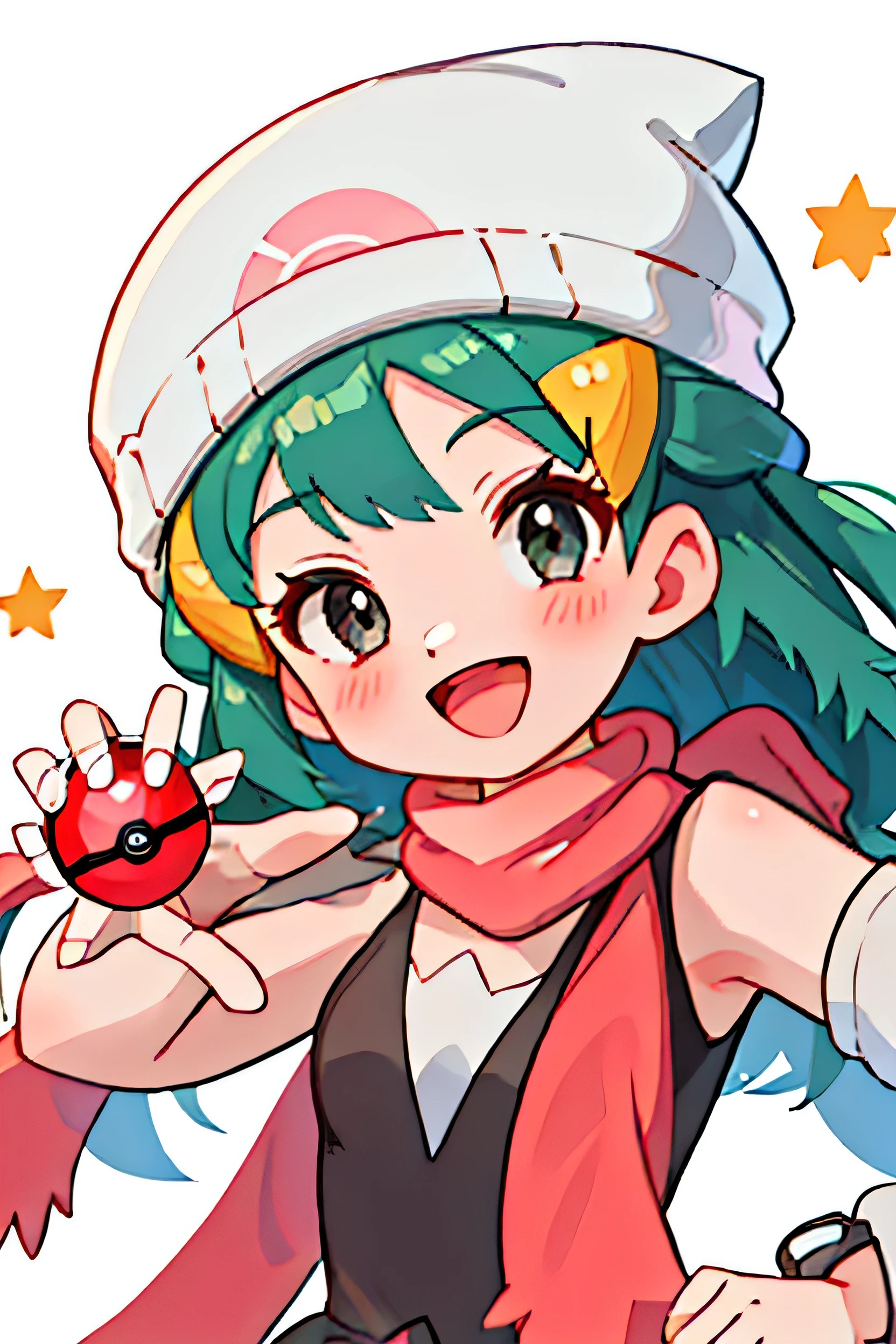 Highest quality, masterpiece, High resolution, 一人w, {hikari_Pokemon:1.15}, length_hair, hw, hair_ornament, beanie, white_hat, hairclip, No sleeve, smile, green_eye, eyelash, Red noodles, black_hair, green_hair, Open_mouth, gray_eye, One girl, cow, Lookwg_w_Audience, red_cow, scarf, white_scarf, :d, length_sleeve, tongue, Side Lock, Star_\(symbol\), white_background, upper_body