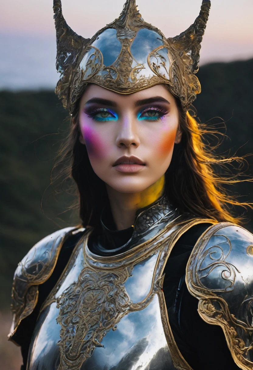 Women dressed in armor,Fluorescent makeup on face