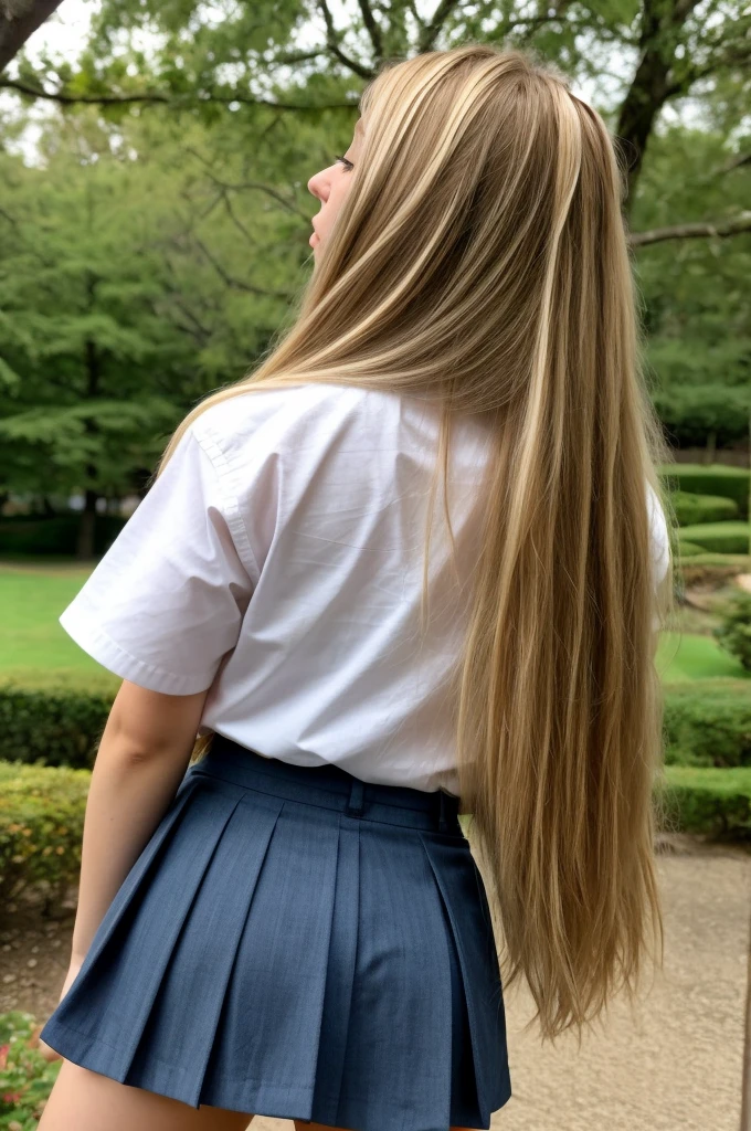 A 18-year-old blonde woman, ((hiperrealismo))textured skin, goosebumps, perfect eyes. Blonde hair with light brown roots. cabello rubio, Hair with brown roots, really long hair. photo taken with iPhone, Porta 160 color. Provocative pose. School girl blue shirt, school girl skirt, school girl uniform, at the garden. Photo taken with iPhone. Cosplay. Back view!