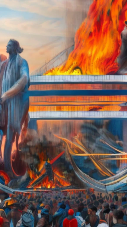 giant statue destroyed into pieces and engulfed in fire being watched by a group of people