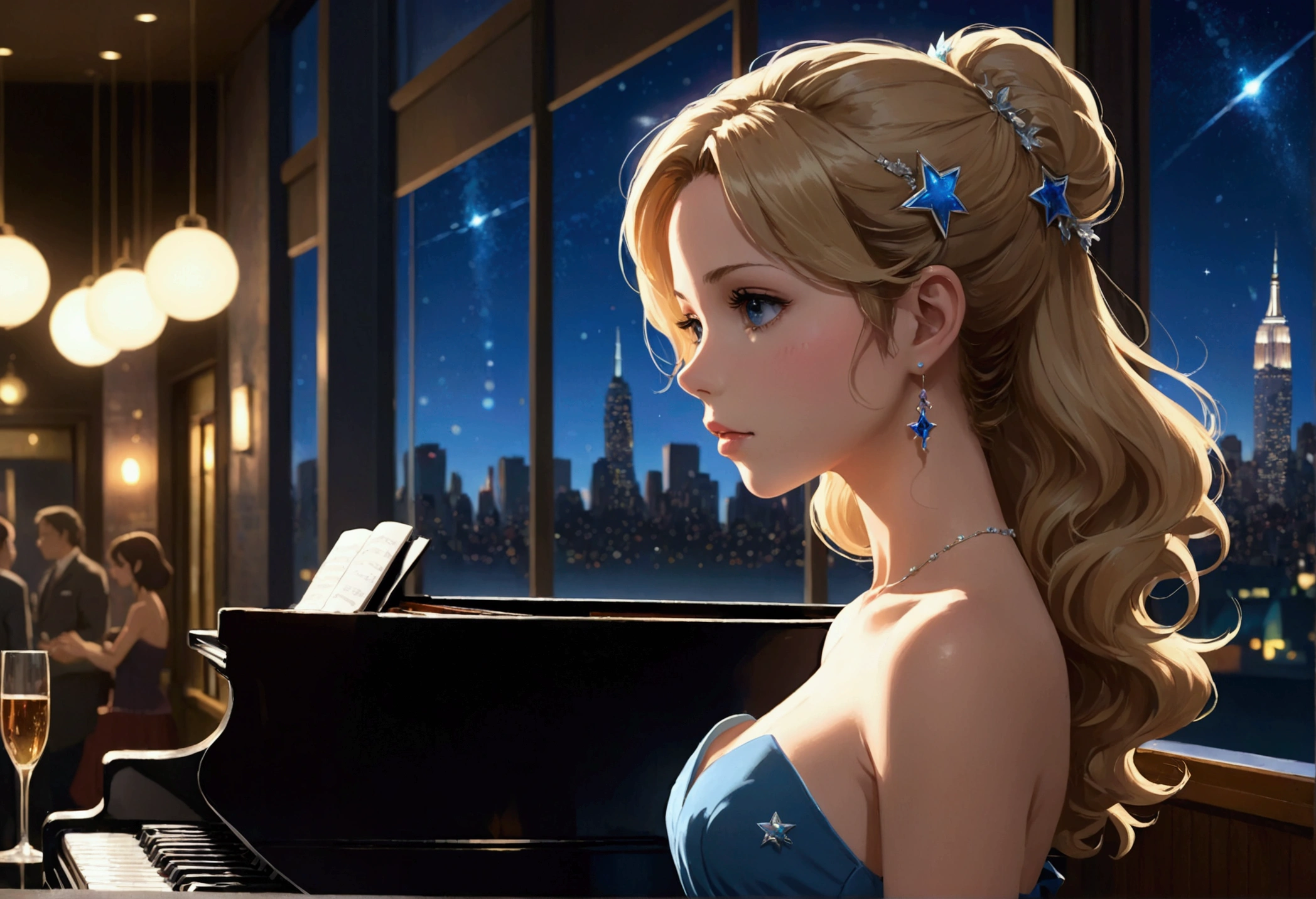 Uses Makoto Shinkai&#39;The depiction is perfect,Portrait of Kate Beckinsale,8k 4k masterpiece photo ,new york,Glass ceiling jazz bar,Jazz piano can be seen in the distance,I can see the twinkling stars through the glass window.,that&#39;Outside in the dark night,Jazz is playing,Profile close-up,Beautiful profile,Calm expression,Semi-long hair,Blonde,Look in a different direction,Standing alone at the counter,Blue strapless dress,Small bust