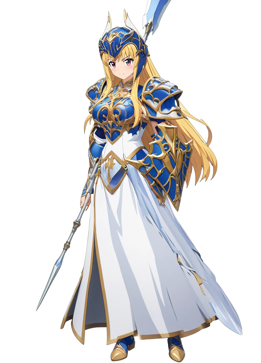 Highest quality, high resolution, High quality game art style, whole body,Valkyrie,perfect hand,Official Art, Smooth game CG art,Cute 3D anime girl render, Visual Novel Sprites, White background,Smooth game CG art, (((Woman with a long spear))),A woman wearing a white dress and blue armor, An intricately designed helmet with white feathers,Small shield, (((In his right hand he holds an elaborate long spear))),Exquisite Blue Armor,Golden Hair, long hair, female knight, Rin々Shii,Large Bust,17 years old,