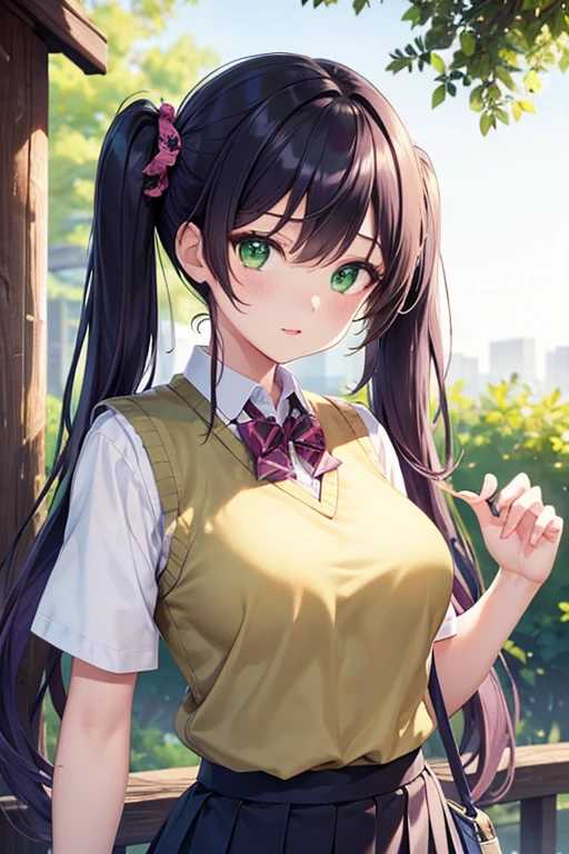 nozomitoujou, nozomi toujou, (green eyes:1.5), purple hair, twintails, low twintails, scrunchie, long hair, (large breast:1.2),
BREAK otonokizaka , pleated skirt, , short sleeves, skirt, summer uniform, sweater vest, yellow sweater vest,
BREAK looking at viewer,
BREAK outdoors, shrine,
BREAK (masterpiece:1.2), best quality, high resolution, unity 8k wallpaper, (illustration:0.8), (beautiful detailed eyes:1.6), extremely detailed face, perfect lighting, extremely detailed CG, (perfect hands, perfect anatomy),