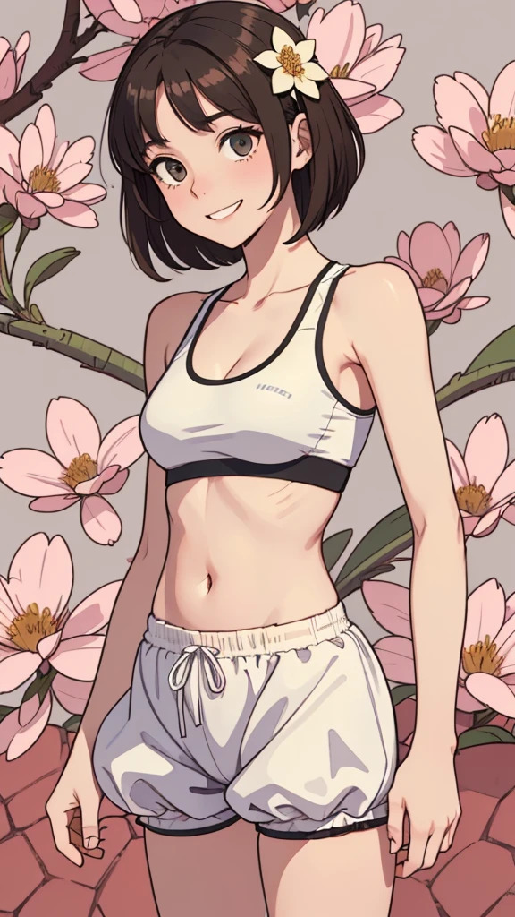 (((masterpiece, best quality, ultra highres, 1 girl, solo, no background))), super detailed skin and face and eyes and finger, beautiful japanese woman, small breasts:1.5, skinny, light brown hair, white background, very short pixie hair, Knee shot, Generate with illustrations, Various expressions, Various poses, Please draw the entire character within the frame, ensuring that the head, arms, and legs are not cut off. The background should be simple, with the character positioned centrally, outline, anime, 2d, boyish, smile showing teeth, (track bloomers:1.5), athletic sports bra, spread legs,