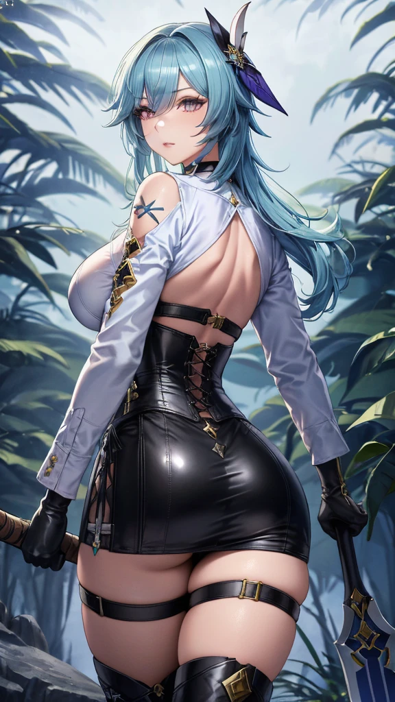 Masterpiece, Beautiful art, professional artist, 8k, Very detailed face, Detailed clothing, detailed fabric, 1 girl, eula, (genshin impact), view from behind, perfect ass, standing, big breasts, perfectly drawn body, pale skin, serious expression, beautiful face, sky blue hair, 4k eyes, very detailed eyes, pink cheeks, choker:1.6, (white long sleeve button down shirt with white collar), black gloves that cover up to the elbows, He holds an ax in his right hand, (black leather corset), (shiny black miniskirt), Black leather boots, Sensual Lips, show details in the eyes, dark forest, at night, atmosphere, fog