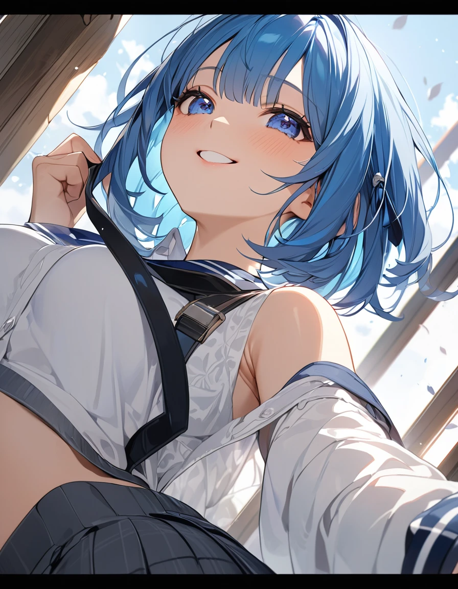 (Highest qualityのイラスト:1.2), (pretty girl:1.1), (1 girl、、Highest qualityのイラスト:1.2), (1 girl、smile、slightly bigger eyes)、Bright blue hair、Short Bob Hair、(Highest quality、Very detailed、Very detailed and beautiful、Ultra-high resolution) 、,{White shirt、Grey pleated skirt}, from below