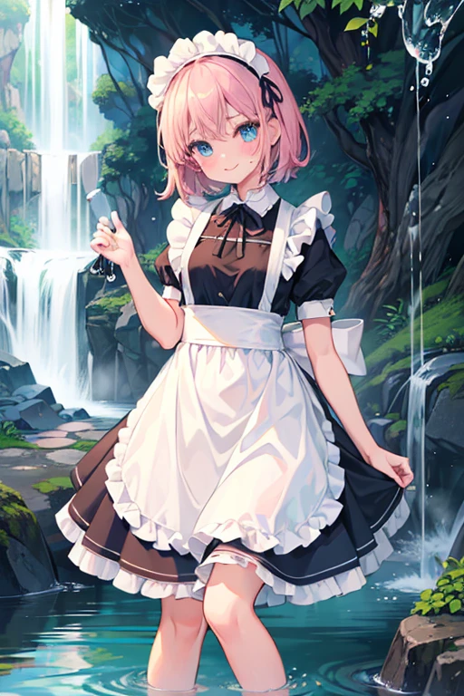 (Super best quality:1.6), (Highest quality:1.4), (Attention to detail:1.4), (Ultra-high resolution:1.6), (Detailed face), (Maid clothes, White apron, Headband, Black Dress, ribbon, Maid clothes, Classic, Long:1.4), (白と黒のMaid clothes), Blonde, Blue Eyes, Cat ear, cute, Small breasts, The best smile, Looks happy, Soaked from head to toe, (Water drips from the clothes:1.6), (Water Drop:1.6), (Soaked from head to toe:1.4), (全身にWater Drop:1.6), (Entering the water fully clothed:1.4), (Big waterfall, Water Play, Taki training), Deep River, Deep pond, Being struck by a waterfall, Waterfall basin, Waterlogged, Bathing in a waterfall, (Bathing fully clothed), Bathing, Natural shower, 