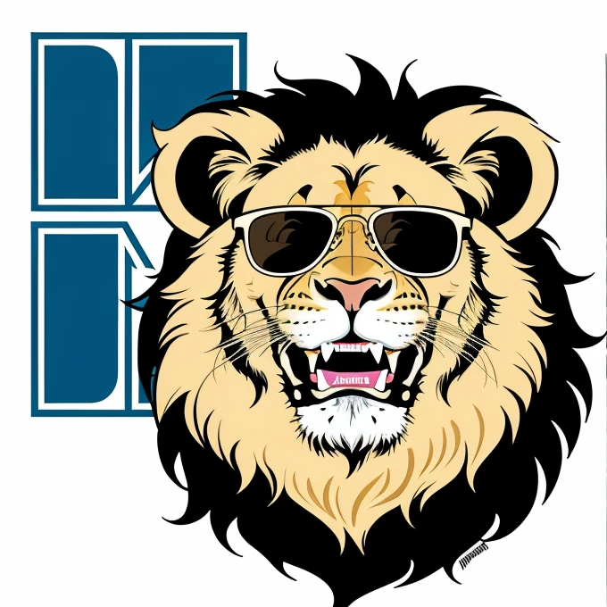 (Lion),(Cartoon),(Cartoon Network), (animated cartoon),((VEXX)),(Grinning ), Um Lion sorrindo em um logotype de ícone , logotype, with thick lines and front view, vector, White background, wearing sunglasses , Cartoon, street ART, graffit