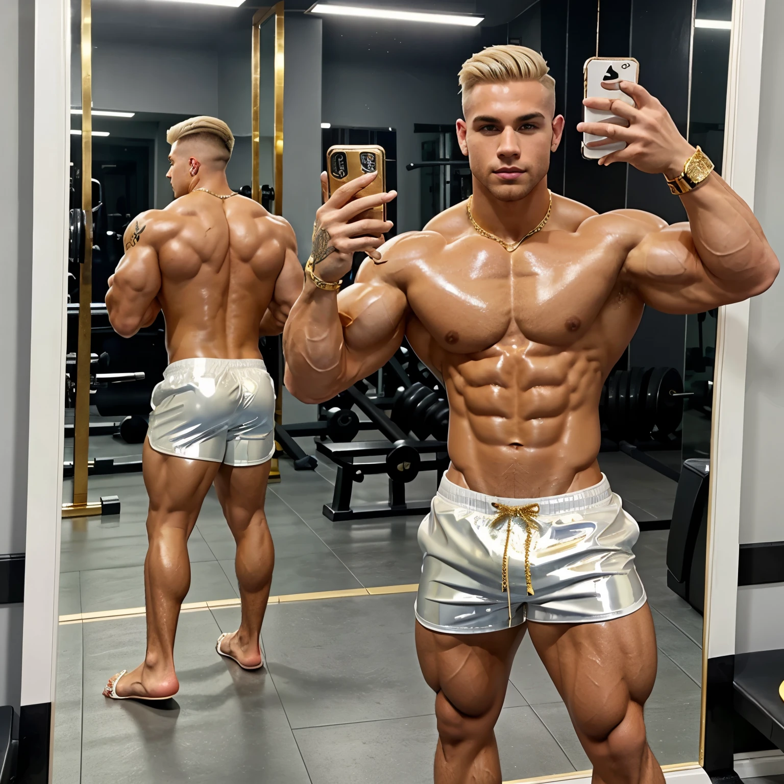 full view full body, Handsome young muscle bodybuilder guy in gym, wearing shiny white latex shorts, blonde undercut short haircut, gold signet ring, white Nike slides, tattoos, posing flexing over-inflated double-biceps, wet and shiny skin, taking mirror selfie with phone,  his feet must be seen