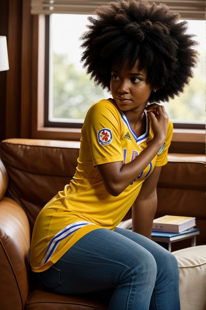 Pixar-type image of an Afro woman watching the game with her back to the game wearing the Colombian national team shirt with the name Lina