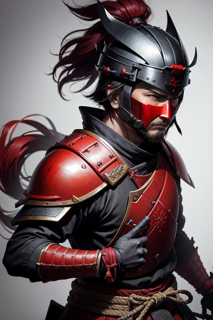 samurai warrior with red and black armor with helmet